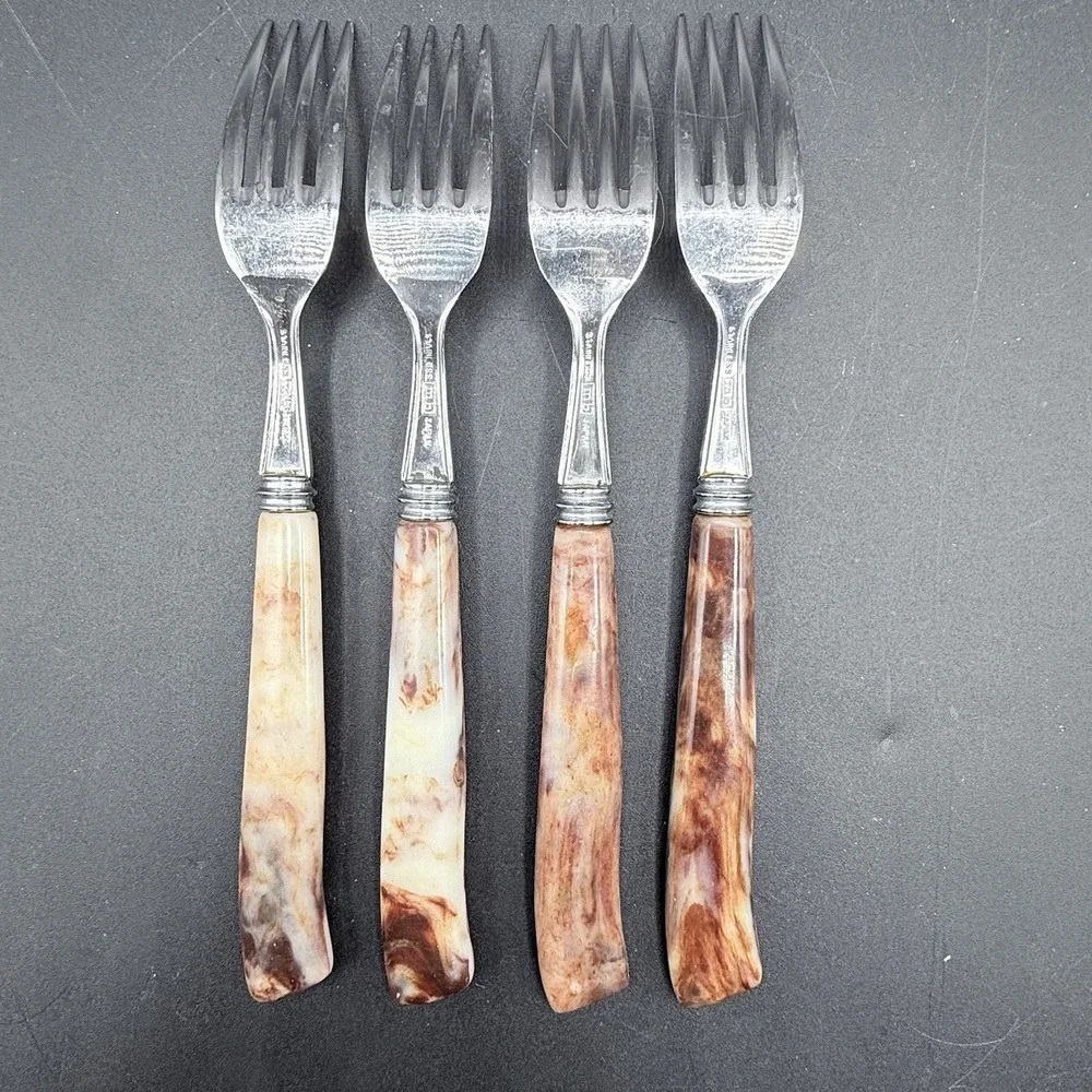 Vintage MB Hollow Ground Galaxie Stainless Forks Set 4 Japan MCM Bakelite Handle